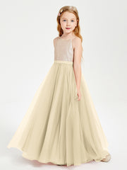 Sequined Top Long Tulle Junior Bridesmaid Gown Champagne