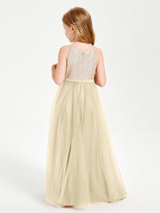 Sequined Top Long Tulle Junior Bridesmaid Gown Champagne