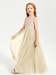 Sequined Top Long Tulle Junior Bridesmaid Gown Champagne