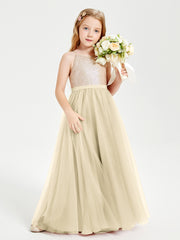 Sequined Top Long Tulle Junior Bridesmaid Gown Champagne