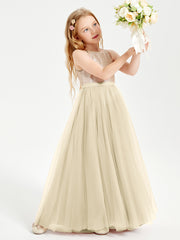Sequined Top Long Tulle Junior Bridesmaid Gown Champagne