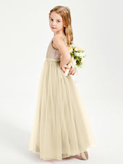 Sequined Top Long Tulle Junior Bridesmaid Gown Champagne