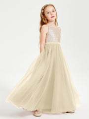 Sequined Top Long Tulle Junior Bridesmaid Gown Champagne