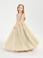 Sequined Top Long Tulle Junior Bridesmaid Gown Champagne