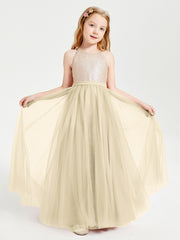 Sequined Top Long Tulle Junior Bridesmaid Gown Champagne