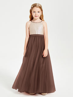 Sequined Top Long Tulle Junior Bridesmaid Gown Chocolate