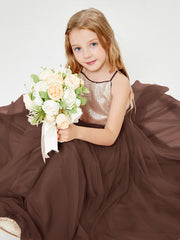 Sequined Top Long Tulle Junior Bridesmaid Gown Chocolate