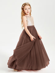 Sequined Top Long Tulle Junior Bridesmaid Gown Chocolate