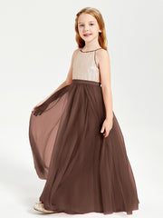 Sequined Top Long Tulle Junior Bridesmaid Gown Chocolate