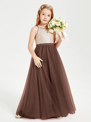 Sequined Top Long Tulle Junior Bridesmaid Gown Chocolate