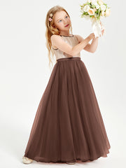 Sequined Top Long Tulle Junior Bridesmaid Gown Chocolate
