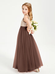 Sequined Top Long Tulle Junior Bridesmaid Gown Chocolate