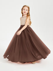 Sequined Top Long Tulle Junior Bridesmaid Gown Chocolate