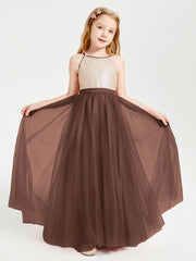 Sequined Top Long Tulle Junior Bridesmaid Gown Chocolate