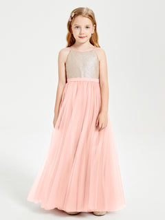 Sequined Top Long Tulle Junior Bridesmaid Gown Coral