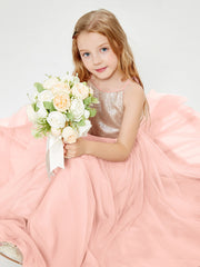Sequined Top Long Tulle Junior Bridesmaid Gown Coral