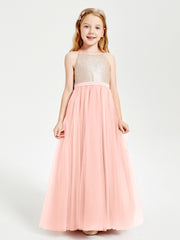 Sequined Top Long Tulle Junior Bridesmaid Gown Coral