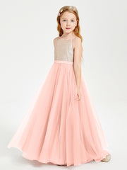 Sequined Top Long Tulle Junior Bridesmaid Gown Coral