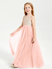 Sequined Top Long Tulle Junior Bridesmaid Gown Coral
