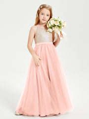 Sequined Top Long Tulle Junior Bridesmaid Gown Coral
