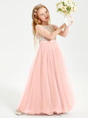 Sequined Top Long Tulle Junior Bridesmaid Gown Coral
