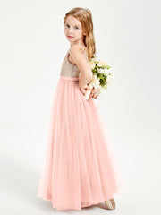 Sequined Top Long Tulle Junior Bridesmaid Gown Coral