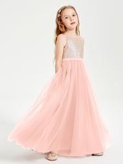 Sequined Top Long Tulle Junior Bridesmaid Gown Coral