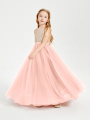 Sequined Top Long Tulle Junior Bridesmaid Gown Coral