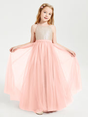 Sequined Top Long Tulle Junior Bridesmaid Gown Coral