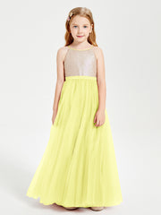 Sequined Top Long Tulle Junior Bridesmaid Gown Daffodil