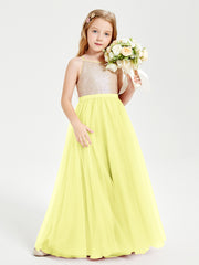 Sequined Top Long Tulle Junior Bridesmaid Gown Daffodil