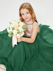 Sequined Top Long Tulle Junior Bridesmaid Gown Dark Green
