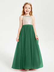 Sequined Top Long Tulle Junior Bridesmaid Gown Dark Green
