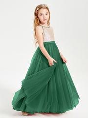 Sequined Top Long Tulle Junior Bridesmaid Gown Dark Green