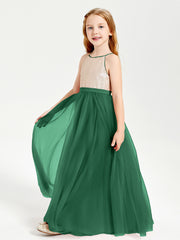 Sequined Top Long Tulle Junior Bridesmaid Gown Dark Green