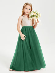 Sequined Top Long Tulle Junior Bridesmaid Gown Dark Green