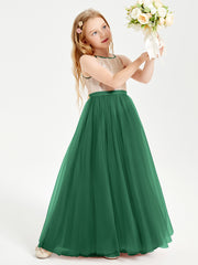Sequined Top Long Tulle Junior Bridesmaid Gown Dark Green