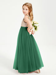 Sequined Top Long Tulle Junior Bridesmaid Gown Dark Green
