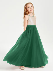 Sequined Top Long Tulle Junior Bridesmaid Gown Dark Green