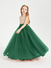 Sequined Top Long Tulle Junior Bridesmaid Gown Dark Green