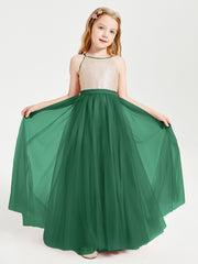 Sequined Top Long Tulle Junior Bridesmaid Gown Dark Green