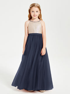 Sequined Top Long Tulle Junior Bridesmaid Gown Dark Navy