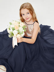 Sequined Top Long Tulle Junior Bridesmaid Gown Dark Navy