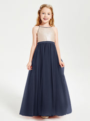 Sequined Top Long Tulle Junior Bridesmaid Gown Dark Navy