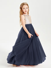Sequined Top Long Tulle Junior Bridesmaid Gown Dark Navy