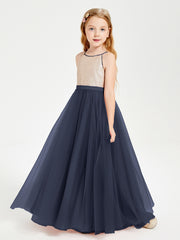 Sequined Top Long Tulle Junior Bridesmaid Gown Dark Navy