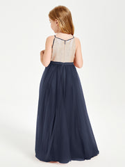 Sequined Top Long Tulle Junior Bridesmaid Gown Dark Navy