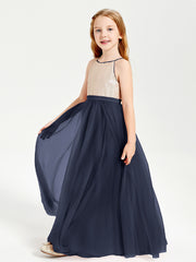 Sequined Top Long Tulle Junior Bridesmaid Gown Dark Navy