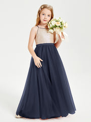 Sequined Top Long Tulle Junior Bridesmaid Gown Dark Navy