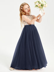Sequined Top Long Tulle Junior Bridesmaid Gown Dark Navy